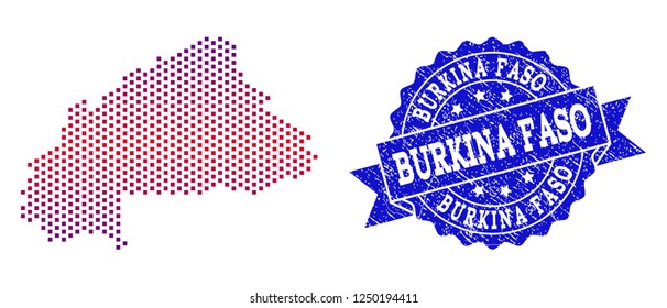 Geographic combination of dotted map of Burkina Faso and grunge seal. Mosaic vector map of Burkina Faso designed with square dots and gradient from blue to red color.