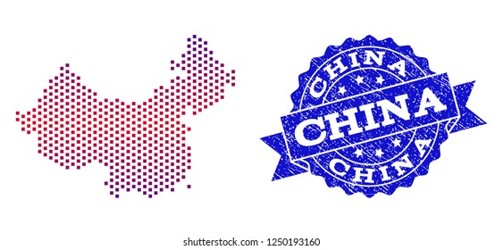 Geographic combination of dotted map of China and grunge seal stamp. Mosaic vector map of China created with square dots and gradient from blue to red color. Flat design for patriotic purposes.
