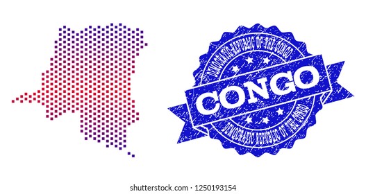 Geographic combination of dotted map of Democratic Republic of the Congo and grunge seal.