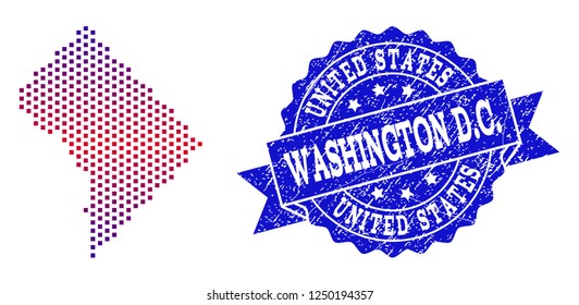 Geographic combination of dotted map of District Columbia and grunge stamp. Mosaic vector map of District Columbia composed with square dots and gradient from blue to red color.