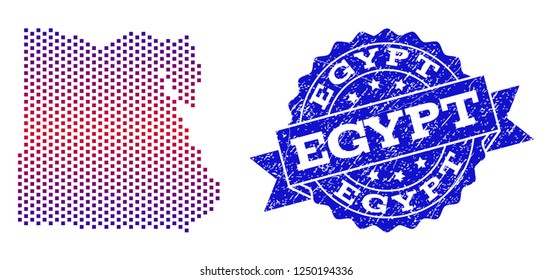 Geographic combination of dotted map of Egypt and grunge seal. Mosaic vector map of Egypt designed with square dots and gradient from blue to red color. Flat design for patriotic purposes.