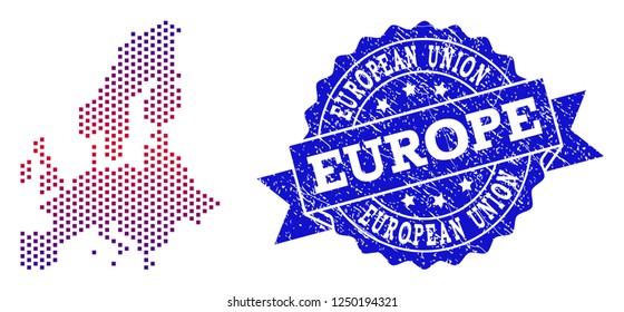 Geographic combination of dotted map of Euro Union and grunge seal. Mosaic vector map of Euro Union formed with square dots and gradient from blue to red color.