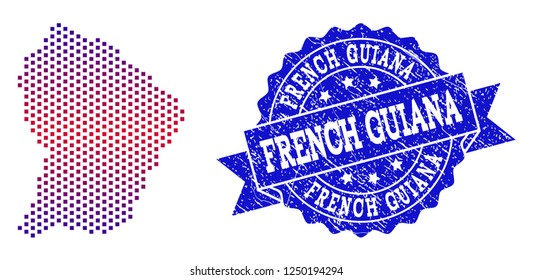 Geographic combination of dotted map of French Guiana and grunge seal. Mosaic vector map of French Guiana formed with square dots and gradient from blue to red color.