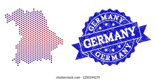 Geographic combination of dotted map of Germany and grunge seal. Mosaic vector map of Germany designed with square dots and gradient from blue to red color. Flat design for patriotic purposes.