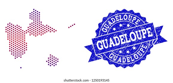 Geographic combination of dotted map of Guadeloupe and grunge seal stamp. Mosaic vector map of Guadeloupe formed with square dots and gradient from blue to red color.