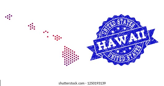 Geographic combination of dotted map of Hawaii State and grunge seal stamp. Mosaic vector map of Hawaii State composed with square dots and gradient from blue to red color.