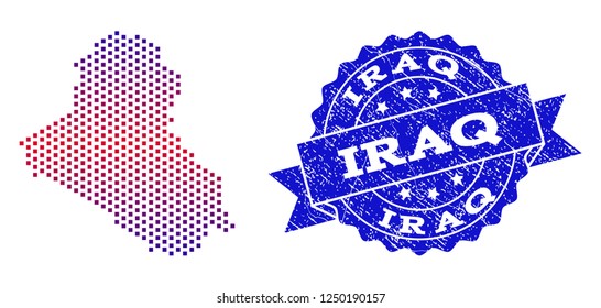 Geographic combination of dotted map of Iraq and grunge seal stamp. Mosaic vector map of Iraq designed with square dots and gradient from blue to red color. Flat design for political purposes.