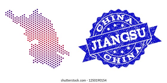 Geographic combination of dotted Map of Jiangsu Province and grunge seal. Mosaic vector Map of Jiangsu Province composed with square dots and gradient from blue to red color.