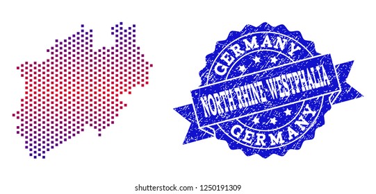 Geographic combination of dotted map of North Rhine-Westphalia State and grunge stamp. Mosaic vector map of North Rhine-Westphalia State designed with square dots and gradient from blue to red color.