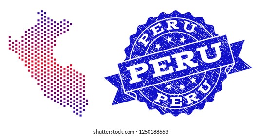 Geographic combination of dotted map of Peru and grunge seal. Mosaic vector map of Peru designed with square dots and gradient from blue to red color. Flat design for patriotic illustrations.