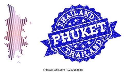 Geographic combination of dotted map of Phuket and grunge seal stamp. Mosaic vector map of Phuket formed with square dots and gradient from blue to red color. Flat design for political purposes.