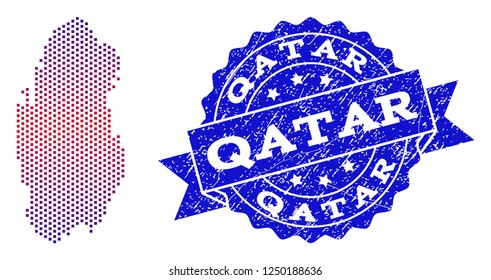 Geographic combination of dotted map of Qatar and grunge seal stamp. Mosaic vector map of Qatar created with square dots and gradient from blue to red color. Flat design for political illustrations.