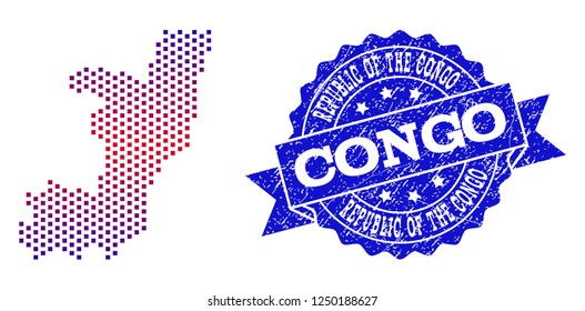 Geographic combination of dotted map of Republic of the Congo and grunge seal stamp. Mosaic vector map of Republic of the Congo composed with square dots and gradient from blue to red color.