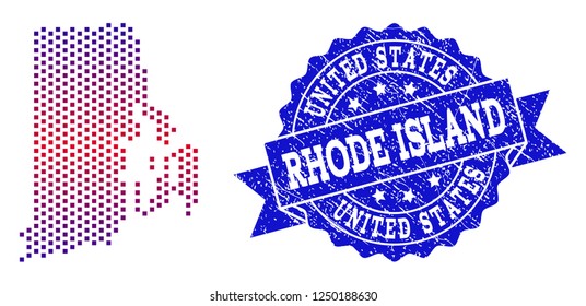 Geographic combination of dotted map of Rhode Island State and grunge stamp. Mosaic vector map of Rhode Island State composed with square dots and gradient from blue to red color.