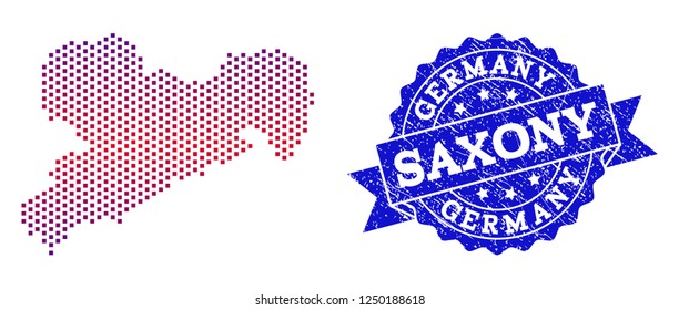 Geographic combination of dotted map of Saxony State and grunge stamp. Mosaic vector map of Saxony State composed with square dots and gradient from blue to red color.