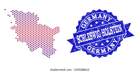 Geographic combination of dotted map of Schleswig-Holstein State and grunge stamp. Mosaic vector map of Schleswig-Holstein State designed with square dots and gradient from blue to red color.