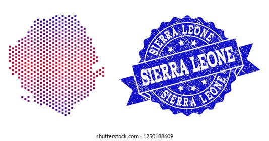 Geographic combination of dotted map of Sierra Leone and grunge seal. Mosaic vector map of Sierra Leone created with square dots and gradient from blue to red color.