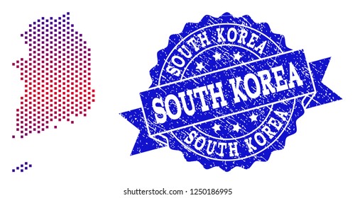 Geographic combination of dotted map of South Korea and grunge stamp. Mosaic vector map of South Korea composed with square dots and gradient from blue to red color.