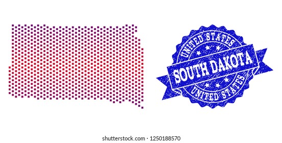 Geographic combination of dotted map of South Dakota State and grunge seal stamp. Mosaic vector map of South Dakota State created with square dots and gradient from blue to red color.