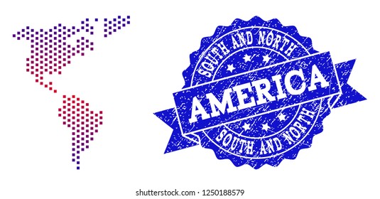 Geographic combination of dotted map of South and North America and grunge seal stamp. Mosaic vector map of South and North America formed with square dots and gradient from blue to red color.