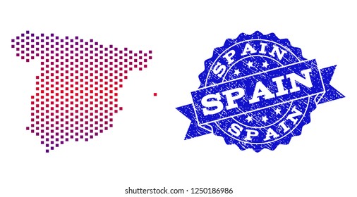 Geographic combination of dotted map of Spain and grunge seal. Mosaic vector map of Spain composed with square dots and gradient from blue to red color. Flat design for patriotic illustrations.