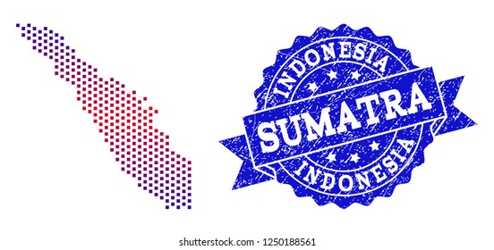 Geographic combination of dotted map of Sumatra Island and grunge seal stamp. Mosaic vector map of Sumatra Island designed with square dots and gradient from blue to red color.