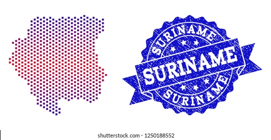 Geographic combination of dotted map of Suriname and grunge stamp. Mosaic vector map of Suriname composed with square dots and gradient from blue to red color. Flat design for political posters.