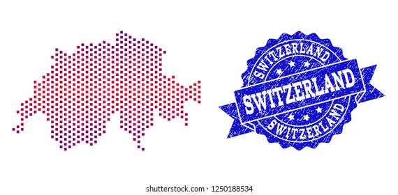 Geographic combination of dotted map of Switzerland and grunge seal stamp. Mosaic vector map of Switzerland formed with square dots and gradient from blue to red color.