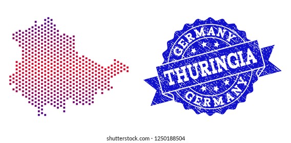 Geographic combination of dotted map of Thuringia State and grunge seal stamp. Mosaic vector map of Thuringia State composed with square dots and gradient from blue to red color.