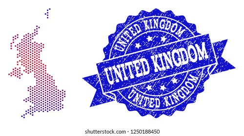 Geographic combination of dotted map of United Kingdom and grunge seal. Mosaic vector map of United Kingdom designed with square dots and gradient from blue to red color.