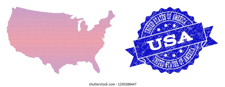 Geographic combination of dotted map of USA and grunge seal. Mosaic vector map of USA composed with square dots and gradient from blue to red color. Flat design for political posters.