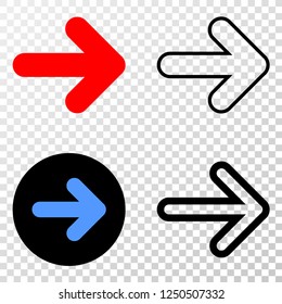 Geographic combination of dotted right direction arrow and grunge seal. Mosaic vector right direction arrow created with square dots and gradient from blue to red color.