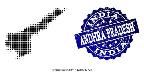 Geographic composition of dot map of Andhra Pradesh State and blue grunge stamp imprint. Halftone vector map of Andhra Pradesh State created with rectangle elements.