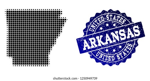 Geographic composition of dot map of Arkansas State and blue grunge stamp watermark. Halftone vector map of Arkansas State composed with rectangle dots. Flat design for infographic posters.