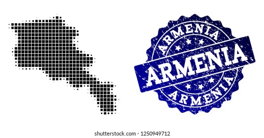 Geographic composition of dot map of Armenia and blue grunge stamp imprint. Halftone vector map of Armenia designed with rectangle dots. Flat design for infographic posters.