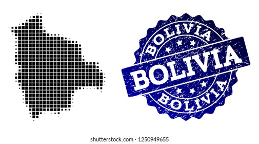 Geographic composition of dot map of Bolivia and blue grunge seal stamp watermark. Halftone vector map of Bolivia created with rectangle mosaic items. Flat design for infographic illustrations.