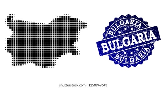 Geographic composition of dot map of Bulgaria and blue grunge stamp watermark. Halftone vector map of Bulgaria created with rectangular elements. Flat design for cartographic purposes.