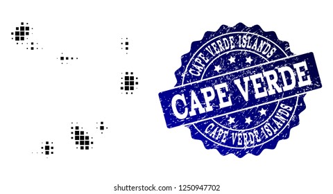 Geographic composition of dot map of Cape Verde Islands and blue grunge stamp watermark. Halftone vector map of Cape Verde Islands created with rectangle dots. Flat design for patriotic posters.