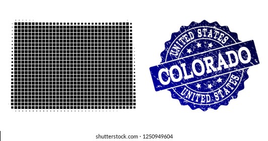 Geographic composition of dot map of Colorado State and blue grunge seal stamp watermark. Halftone vector map of Colorado State created with rectangle pixels. Flat design for patriotic posters.