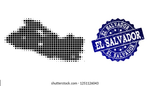 Geographic composition of dot map of El Salvador and blue grunge stamp watermark. Halftone vector map of El Salvador created with rectangle dots. Flat design for infographic posters.