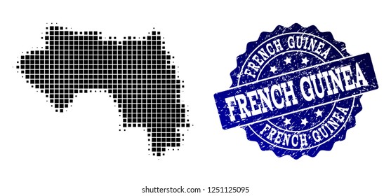 Geographic composition of dot map of French Guinea and blue grunge seal stamp watermark. Halftone vector map of French Guinea composed with rectangular points. Flat design for patriotic illustrations.