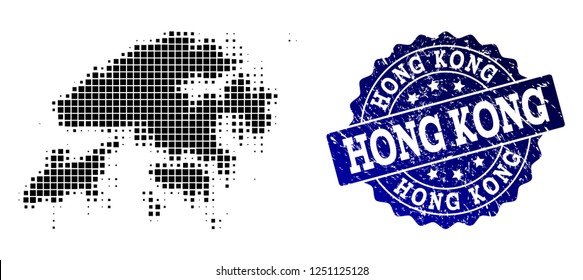 Geographic composition of dot map of Hong Kong and blue grunge seal stamp watermark. Halftone vector map of Hong Kong created with rectangular elements. Flat design for cartographic purposes.