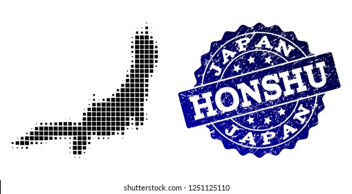 Geographic composition of dot map of Honshu Island and blue grunge seal watermark. Halftone vector map of Honshu Island designed with rectangular elements. Flat design for patriotic posters.
