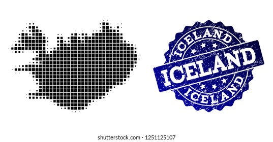 Geographic composition of dot map of Iceland and blue grunge seal imprint. Halftone vector map of Iceland formed with rectangle points. Flat design for political purposes.