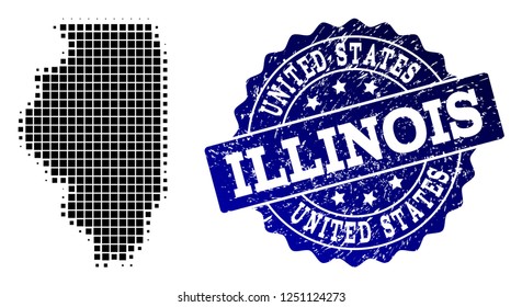 Geographic composition of dot map of Illinois State and blue grunge stamp imprint. Halftone vector map of Illinois State created with rectangle pixels. Flat design for patriotic purposes.