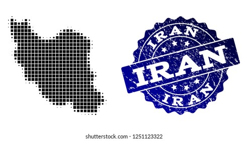 Geographic composition of dot map of Iran and blue grunge stamp watermark. Halftone vector map of Iran designed with rectangular points. Flat design for political illustrations.