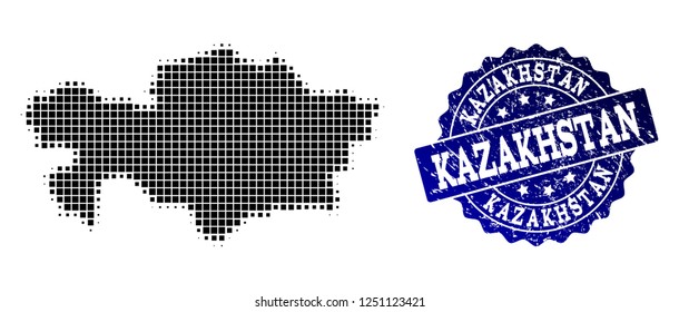 Geographic composition of dot map of Kazakhstan and blue grunge stamp imprint. Halftone vector map of Kazakhstan composed with rectangular dots. Flat design for political posters.