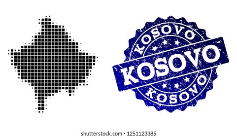 Geographic composition of dot map of Kosovo and blue grunge stamp watermark. Halftone vector map of Kosovo formed with rectangular points. Flat design for cartographic illustrations.