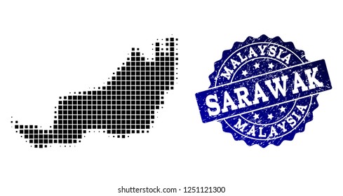 Geographic composition of dot map of Malaysian Sarawak and blue grunge seal imprint. Halftone vector map of Malaysian Sarawak designed with rectangular elements. Flat design for patriotic purposes.