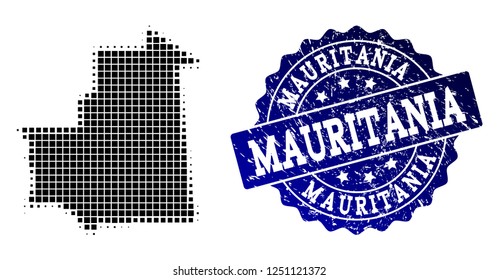 Geographic composition of dot map of Mauritania and blue grunge stamp imprint. Halftone vector map of Mauritania composed with rectangle dots. Flat design for patriotic purposes.
